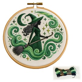 DIY Embroidery Kit for Witch Fans Gift, DIY Hand Embroidery Material Set with Beautiful Pink Witch Patterns (Green/Elphaba)