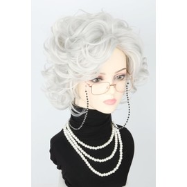 Lucoacos Old Lady Costume Wig and Accessories Set Silvery White Short Curly Granny Wig