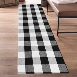 Aoczes Buffalo Plaid Runner Rug 2x6 Feet Black and White Checkered Runner Rug Cotton Woven Farmhouse Floor Mat Washable Rugs for Hallway Kitchen Laundry Bedroom Living Room