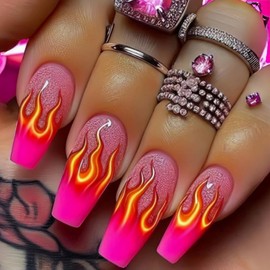 Medium Press on Nails Square Pink French Tip Fake Nails with Red Flame Design Medium Ballet Glue on Nails Full Cover Acrylic Nails Summer False Nails Glossy Stick on Nails for Women24Pcs