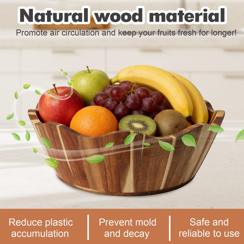 Wooden Fruit Bowl, Large Kitchen Counter Fruit Basket Storage