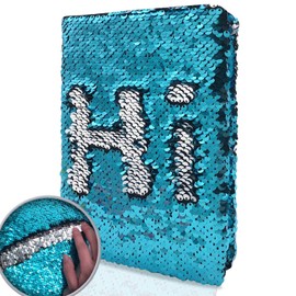 Sequin Girls Journal for Kids, 8.5x5.5 Inches 160 Lined Pages Diary for Girls and Boys Reversible Flip Sequence Notebook for Teen Pre School Writing Drawing Travel Gifts (Lake Blue to Sliver)
