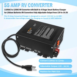 55 Amp RV Converter, 110Vac to 12Vdc Power Converter & Battery Charger with 4 Stage Smart Charging, 13V to 16.5V Operating Range, Replace for PM4 55A, WF-9800 Series