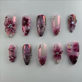 24Pcs 3D Flower Press on Nails Medium Almond Fake Nails with Gem Rhinestones Design Purple Floral Acrylic Nails Reusable French Tip Nail Full Cover Autumn False Nail for Women Manicure Decorations