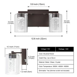 SineRise 2-Light Bronze Vanity Light with 3 Color Modes (3000K/4000K/6000K), Eye Protection LED Bathroom Light Fixture, Dimmable Modern Wall Light Over Mirror with Clear Glass Shade