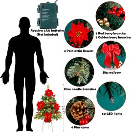 GUOOU Set of 2 30 Inch Pre-Lit Pathway Christmas Trees, Outdoor Christmas Tree Decorations for Porch, Driveway, Yard, Garden, with 60 LED Lights, Poinsettia Flowers, Red Berries, Pine Cones, Red Bow