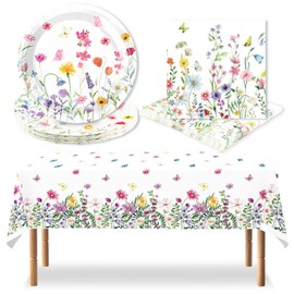 Framad 41 Pcs Floral Party Supplies Set, White Paper Plates, Napkins, Tablecloth for Birthday Bridal Shower