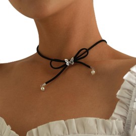 Yienate Black Leather Bow-knot Pearl Choker Necklace Soft Velvet Butterfly Choker Suede Tie Cravat Gothic Statement Leather Rope Necklace Prom Jewelry for Women Girls