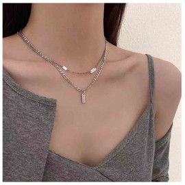 Yheakne Boho Layered Silver Bar Necklace Choker Figaro Chain Necklace Vintage Layering Link Chain Necklace Geometric Necklace Jewelry for Women and Girls