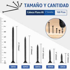 Tornillos para madera, 168 unidades, cabeza plana negra #6