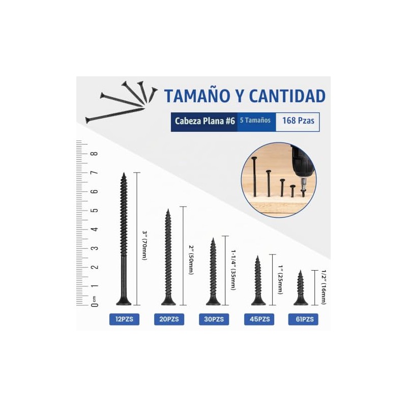 Tornillos para madera, 168 unidades, cabeza plana negra #6