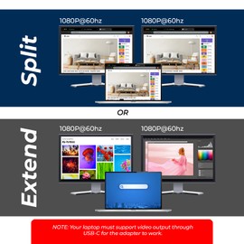 OREI SplitExtend Laptop Docking Station 4K Dual Monitor - 2X USB 3.0, 1x Type-C, SD Card Reader - USB-C Adapter to HDMI 2.0 Extended Screen, 4K@30Hz Outputs - 100W PD