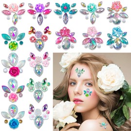 16 Pcs Face Gems Stickers Women Diamond Forehead Sticker Rhinestones Pearl Spring Theme Flowers Decoration Birthday Festival Party Self-Adhesive DIY Body Fashion Art Decals