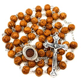 Nazareth Store Carved Wood Beads Rosary Necklace Holy Soil Medal & Silver Jesus Cross Packed in Velvet Bag