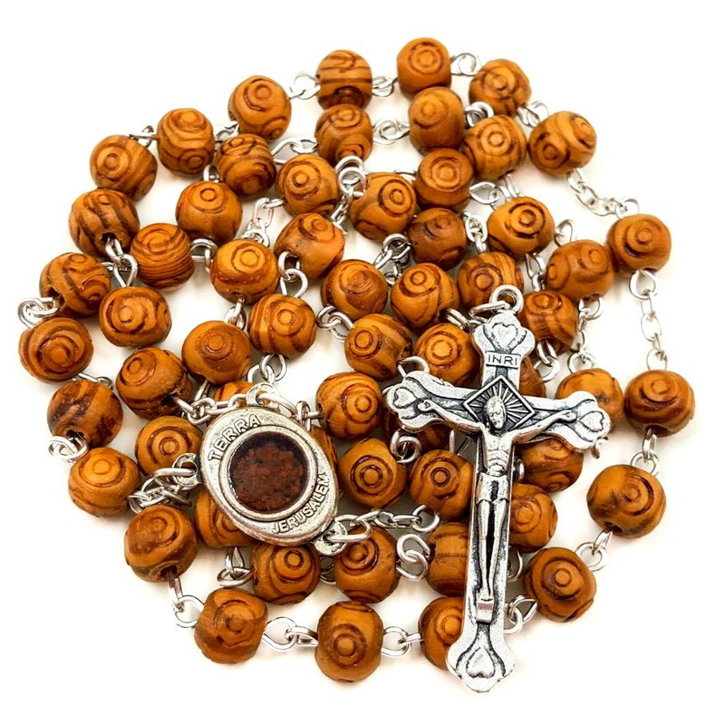 Nazareth Store Carved Wood Beads Rosary Necklace Holy Soil Medal