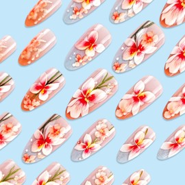 Almond Press on Nails Medium Fake Nails with Flower Designs Blue Gradient Nails Press ons Glossy Glue on Nails Summer Acrylic Nails Cute False Nails Nude Stick on Nails for Women 24Pcs
