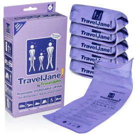 TravelJane Resealable Disposable Urinal for All Genders, Adults, and Children (6 Pack) Designed for Emergencies, Travel, Camping, Long Car Rides and More - 28oz/800ml Capacity (TJ1T-C)