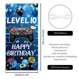 10th Birthday Decorations Door Banner - Blue Gaming Backdrop Double Digits Boys Girls, Happy Birthday Large Size Porch Sign Background for Gamer Theme 10 Years Old Party Supplies