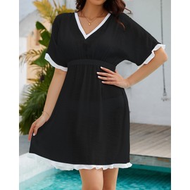 Eddoyee Vestidos con Cuello en V para Mujer Verano de Playa Cubre,Traje de Baño,con Manga Volante