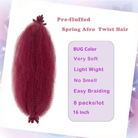8 Packs Springy Afro Twist Hair 16 Inch Burgundy Marley Twist Braiding Hair Pre-Separated Spring Twist Hair for Soft Butterfly Locs Crochet Hair Marley Hair Extensions for Black Women(16 Inch, BUG#)