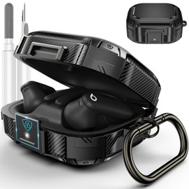 [Upgrade Secure Lock] for Beats Powerbeats Pro 2 Case Cover, LDSXAY Carbon Fiber Shockproof Protective Cover for Powerbeats Pro 2 2025 with Cleaner Kit & Carabiner (Black)