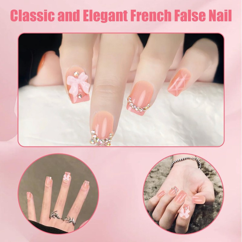 24Pcs Diamond Stick on Nails Set, Pink Square Fake French