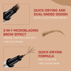 Eyebrow Pen for Women - Dual-Ended Microblading Pen with Multi-Prong Tip & Brow Brush, Waterproof, Creates Realistic 4D Hair-Like Strokes, Long-Lasting Black