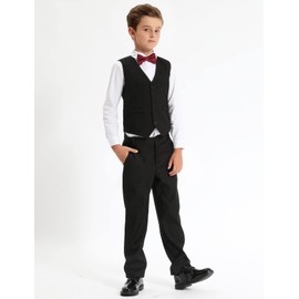 A&J DESIGN Boys Suit Kids Formal Wedding Outfit with Vest Pant Dress Shirt Bowtie Tie and Pocket Square, Black, 12 Years