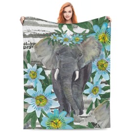 Elephant Flowers on Stripes Blanket Throw Blanket Soft Fuzzy Travel Blanket for Bedroom Living Room Couch Office Car All Season Gift for Girls Boys Women Men 60"x50"