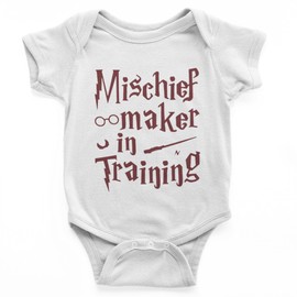 Freedomtees Mischief Maker in Training Baby Bodysuit – Funny Infant Outfit – Wizard in training Baby Gift (White, 18 Months)