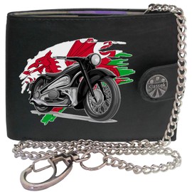 Biker Classic Vintage Motorbike Motorcycle Wales Flag Mens Chain Wallet Gift Box KLASSEK Brand Real Black Leather RFID Blocking with Coin Pocket
