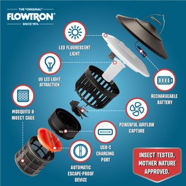 Flowtron Bug Trap Lantern | 2-in-1 UV Mosquito Trap & LED Camping Lantern, 21000 Sq Ft Coverage, 4000mAh Rechargeable Battery, Cordless Insect Trap with Fan for Patio Backyard Indoor Outdoor