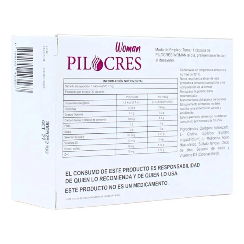 Pilocres Woman Suplemento Alimenticio 30 Capsulas Sin Sabor