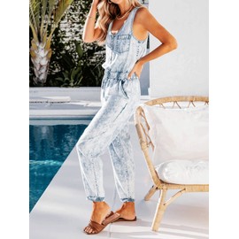 Lathira Denim Jumpsuit Overalls for Women Sleeveless Tank Scoop Neck Elastic Waist Rompers (Large, Denim Acid Wash)