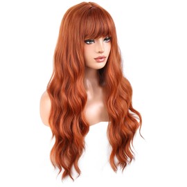 BERON Pelucas Pelirrojas, Rizadas Y Onduladas Para Mujer Con Flequillo, Color Naranja Oscuro, Sintéticas, Resistentes Al Calor, Para Disfraz, Cosplay O Uso Diario. Incluye Gorro.