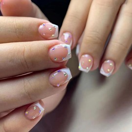 White French Tip Press on Nails Short Square Fake Nails with Sparkly Crystals Design Nude Pink False Nails Short Coffin Glue on Nails Natural Acrylic Stick on Nails for Women 24Pcs
