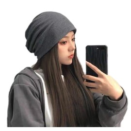 Lily's Select Hat with Wig, Spring and Summer, Knit Hat, Loose Hat Wig, Long, Long Straight Long Bob, Light Brown, Dark Brown, 13.8 inches (35 cm), Korean Fashion KPOP Natural Wig, Cosplay, Medical