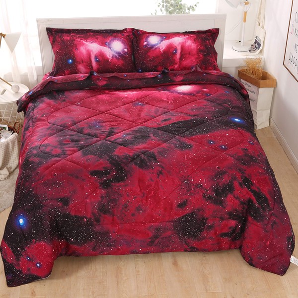 Wowelife Galaxy Bedding Sets for Boys and Girls 5-Piece Full, Premium Galaxy Bed in a Bag Red, 3D Galaxy Comforter Set, Comfortable and Soft Kids Bedding Set
