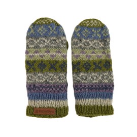 Pachamama Women Wool Mittens Fleece Lined Handknitted Fairisle Multicoloured One-Size Handmade Extra Warm Fair Trade (Wool, Olive)