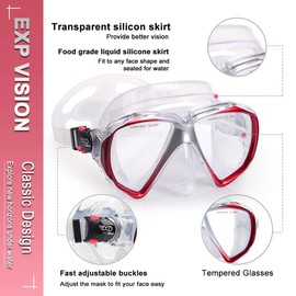 Scuba Diving Mask, HD Snorkeling Mask Anti-Fog Swim mask Tempered Glasses Professional Snorkel Goggles Leak-Proof Swim Goggles with Nose Cover for Diving, Snorkeling, Swimming (Clear Red)