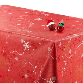 KP HOME PVC Table Cloth Wipe Clean Tablecloth Red Christmas with Gold Snowflakes Print - Rectangular 200x140 Waterproof and Wipeable Plastic Table Cover 200 x 140 Vinyl Oilcloth Tablecloths Winter