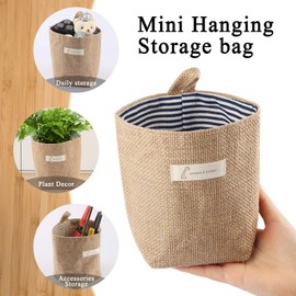 Hotipine Pack of 3 Retro Hanging Storage Bag, Cotton Linen Foldable Small Baskets with Handle and Hook for Toy Makeup Keys (14 x 13 cm)