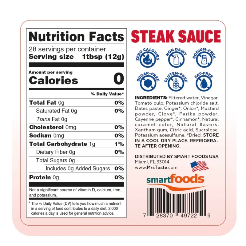 Mrs Taste Sugar Free Steak Sauce, Zero Calories, Zero Sodium,