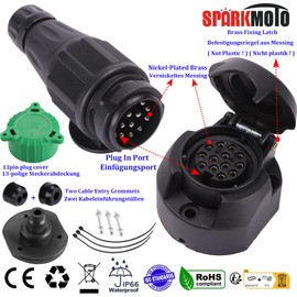SPARKMOTO 13 Pin Trailer Plug and 13 Pin Trailer Socket,12V 13 Pin Trailer Plug Socket With Installation Accessories Waterproof Trailer Light Connector For Boat Trailer Cars Caravan plug socket(Long)