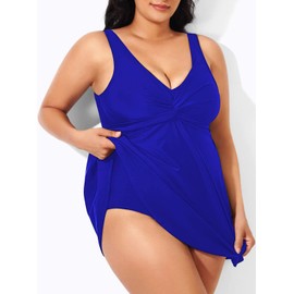 Sovoyontee Traje de baño tankini de dos piezas para mujer, talla grande, con control de abdomen, traje de baño con parte delantera torcida, Azul, XL más