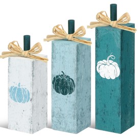 Redbaker 3 Pcs Fall Tiered Tray Decor Fall Decorations for Home Fall Football Decor Thanksgiving Pumpkin Tabletop Block Sign Rustic Fall Wood Table Centerpiece for Autumn Shelf Decor(Blue Pumpkin)