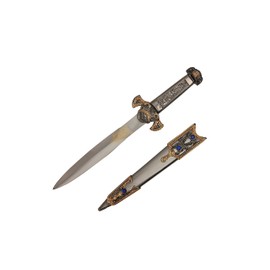 Wuu Jau H-74 Medieval Roman Viking Knights Dagger Knife with Engraved Metal Face Sheath Scabbard & Gems, 14", Blue