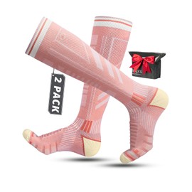 Rahhint Merino Wool Compression Ski Socks for Men, Women and Teenagers, Thermal Winter Socks, Hiking Socks with Padding, Knee Socks, Size 35-51, (2 Pairs), pink