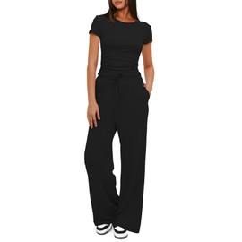 Darong Women's Two Piece Outfits Lounge Sets Ruched Short Sleeve Pullover Tops and High Waisted Pants Tracksuit Sets 9042B Black XL