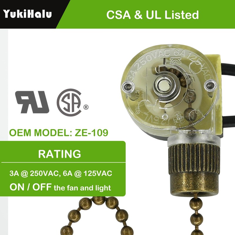 YukiHalu Ceiling Fan Pull Chain Switch ZE-109, 2 Wires On-Off